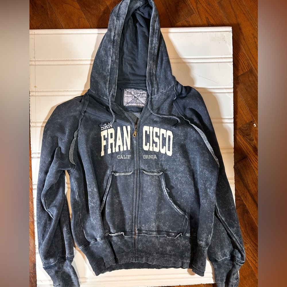 US Vintage San Francisco Graphic Zip Hoodie - Vintage Acid Wash Navy Blue Unisex